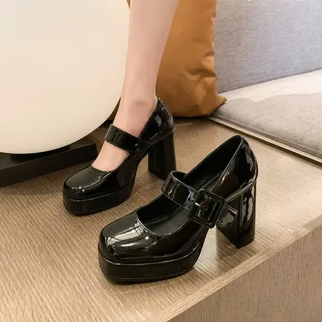 法式复古玛丽珍鞋粗跟单鞋黑色jk小皮鞋白色伴娘婚鞋不累脚高跟鞋图片