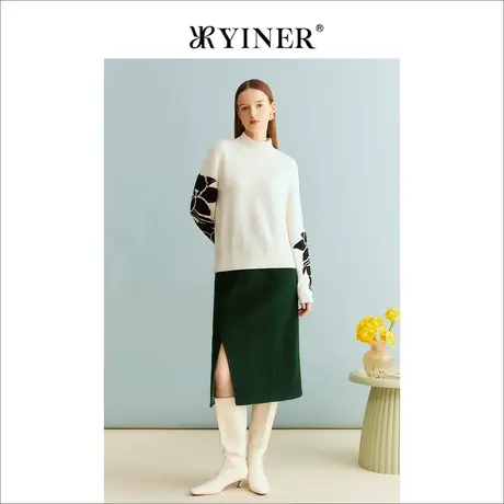 【裸感羊绒】YINER音儿女装冬季绵羊毛立领印花针织衫商品大图