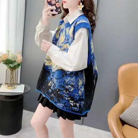 港风复古油画针织马甲背心女春季2024年新款宽松休闲圆领叠穿外套商品大图