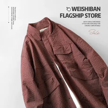 潮牌机能复古格子夹克男春秋季2024新款立领工装多袋廓形休闲外套商品大图