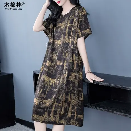 复古港味宽松圆领印花大码连衣裙2024夏季女装胖MM显瘦遮肚中长裙图片