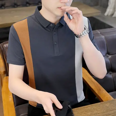 夏季男士有领短袖T恤衫衬衫拼接撞色休闲衣服男装宽松翻领polo衫商品大图