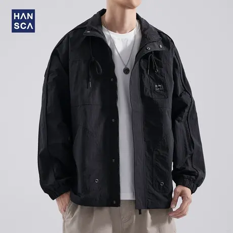hansca秋冬季黑色工装夹克男士宽松日系潮牌新款休闲大码拼接外套商品大图