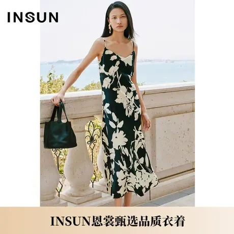 INSUN恩裳夏季真丝弹力缎印花吊带连衣裙图片