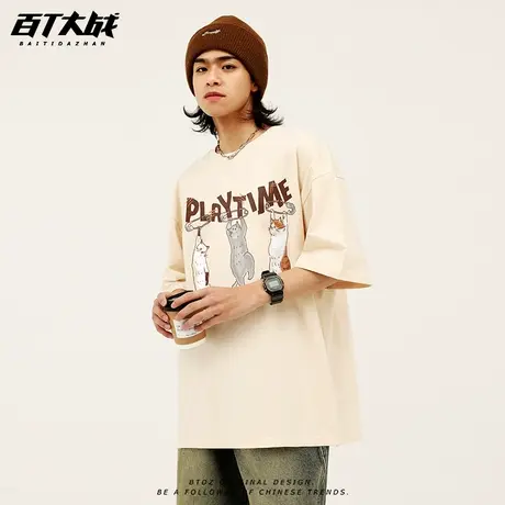 情侣款短袖tee日系街头百搭夏季涂鸦小猫中性落肩大码复古重磅T恤图片