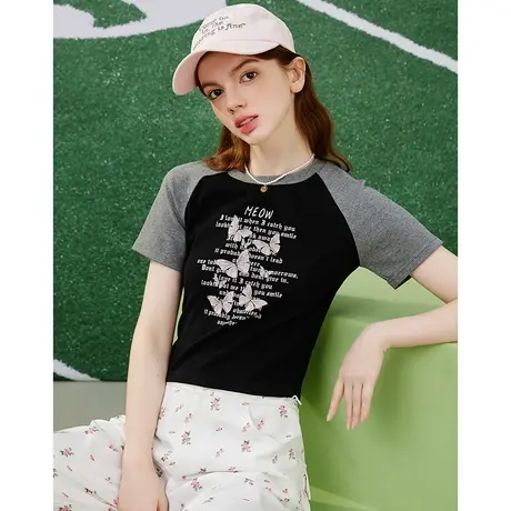 a022024夏季新款撞色拼接百搭修身辣妹风短袖上衣休闲女式T恤图片