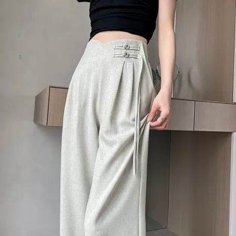 2024春夏新款国风西装阔腿裤女高腰直筒新中式盘扣垂感休闲拖地裤图片