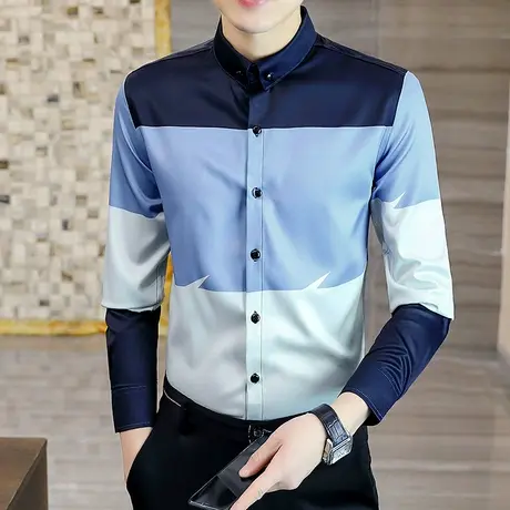 春秋季潮流拼色长袖衬衫男韩版帅气修身秋装发型师内搭免烫衬衣服商品大图