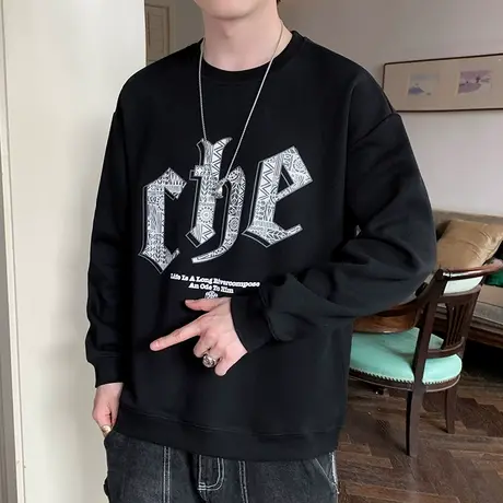 秋冬季潮牌印花圆领卫衣男士2023年新款冬天内搭上衣打底衫春秋款商品大图