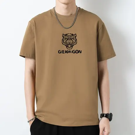 重磅纯棉短袖t恤男装宽松圆领上衣服液氨长绒棉全棉半袖虎头体恤商品大图