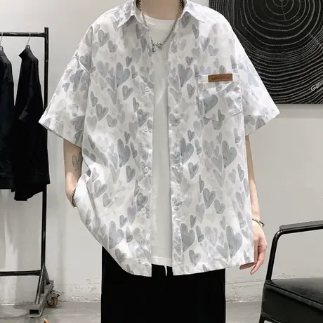 港风男士短袖衬衫ins潮牌满印爱心薄款休闲外套翻领百搭衬衣上衣商品大图
