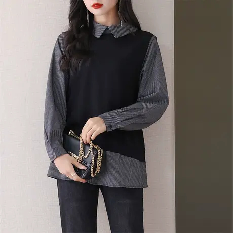 伊自尚大码女装假两件长袖衬衫2023秋季新款时尚胖mm韩版显瘦上衣商品大图