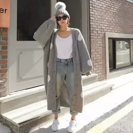 秋冬女士波点毛衣开衫女中长款韩版宽松大码圆点加厚针织开衫外套图片