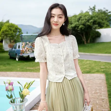 时尚气质刺绣设计感衬衫女士2023年新款短袖小众碎花短袖上衣夹克商品大图