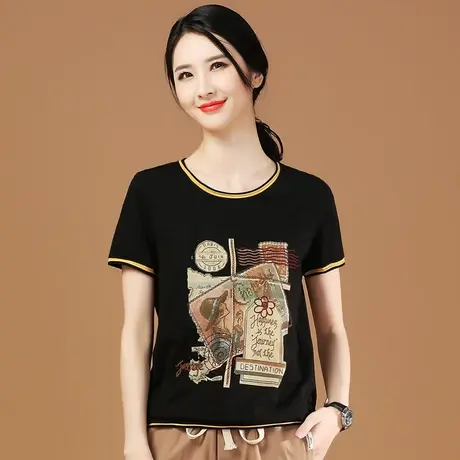韩潮袭人印花宽松黑色T恤2023年夏季新款短袖拼接休闲女士上衣薄商品大图