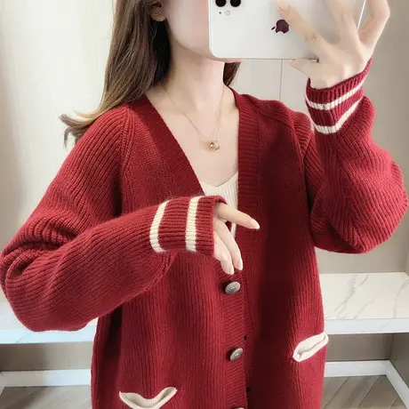 针织开衫春秋装新款宽松毛衣外套女士春秋季外搭拼色学院风上衣图片