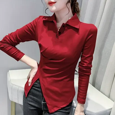 2023秋装新款不规则加绒T恤女长袖设计感小众上衣洋气百搭打底衫商品大图