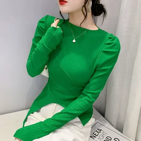 不规则泡泡袖T恤女装2023新款下摆开叉洋气上衣潮修身显瘦打底衫商品大图