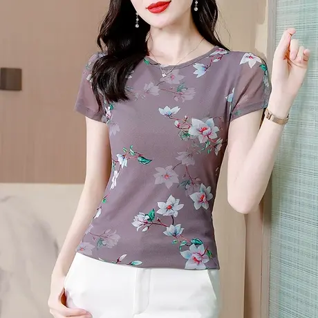 复古印花短袖上衣女2023夏装新款圆领网纱T恤气质修身显瘦小衫ins商品大图