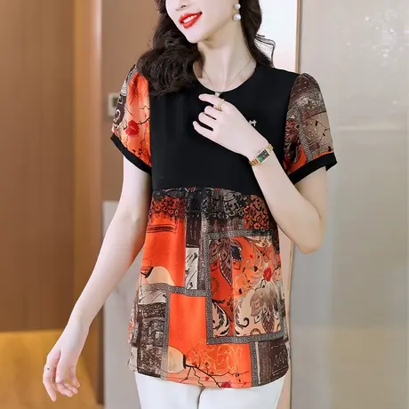 气质短袖t恤女夏季2023年新款大码宽松印花女上衣中长款遮肚小衫商品大图