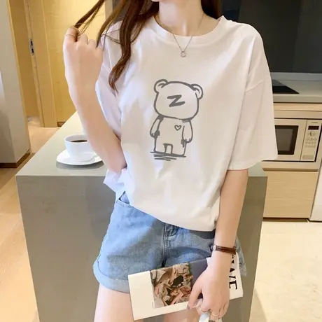 短袖t恤女夏季2023新款设计感小众卡通印花体恤宽松大码纯棉上衣商品大图