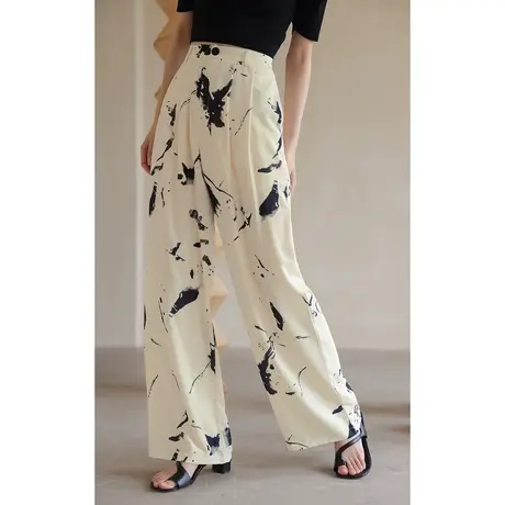 弥古冰丝雪纺阔腿裤女夏季薄款水墨印花沙滩裤度假长裤宽松花裤子商品大图