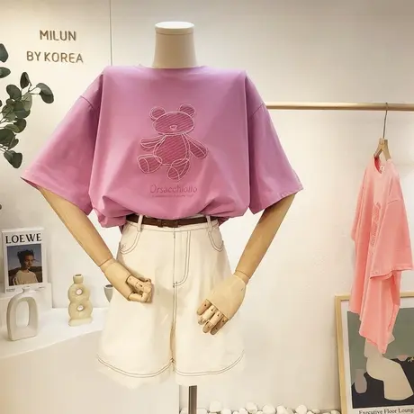 ins潮小熊T恤2021新款韩国东大门夏季刺绣字母小众短袖宽松显瘦女图片