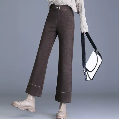 毛呢直筒九分裤女秋冬2023新款松紧腰显瘦气质百搭宽松休闲筒喇裤商品大图