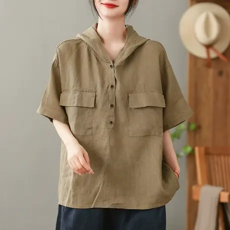 dza亚麻连帽T恤女2023夏季薄款短袖打底体恤宽松显瘦棉麻套头上衣商品大图