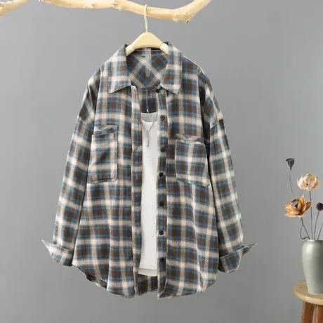 2023春装新款复古文艺格子长袖衬衫女装宽松慵懒风印花衬衣外套潮商品大图