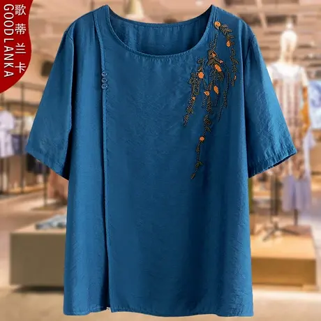 大码中老年女装棉麻短袖t恤200斤宽松洋气遮肚刺绣妈妈装T恤上衣商品大图
