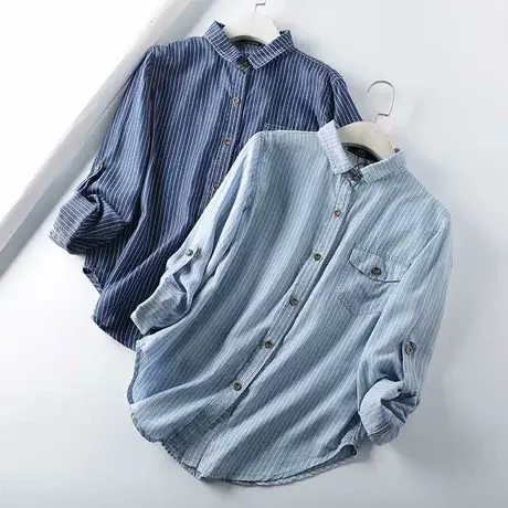 天丝牛仔棉衬衫外套女2021年春秋新款竖条纹拼接休闲长袖衬衣上衣图片