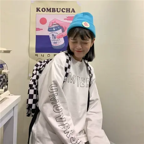 ins潮新款韩版字母ulzzang慵懒风宽松oversize圆领长袖卫衣女上衣图片