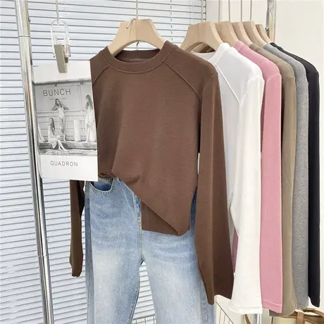 设计感磨毛厚款长袖T恤女2022秋冬新款百搭亲肤显瘦打底衫上衣商品大图