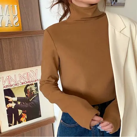 洋气德绒高领内搭打底衫女秋冬装黑白色长袖t恤加绒加厚百搭上衣商品大图