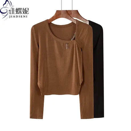 秋季新款韩版圆领纯棉修身显瘦短款侧开叉长袖体恤上衣内搭女装商品大图