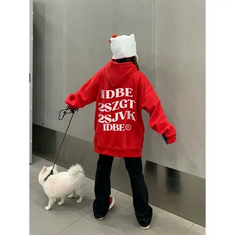 设计感字母红色卫衣女ins潮牌秋冬加绒加厚国潮宽松大码连帽外套图片