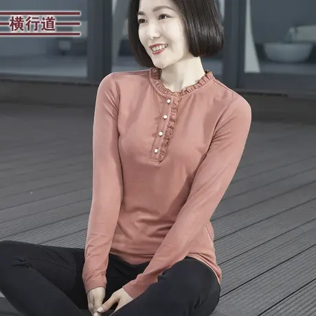 立领花边舒绒长袖T恤纯色修身妈妈大码女上衣2023新款冬装打底衫商品大图