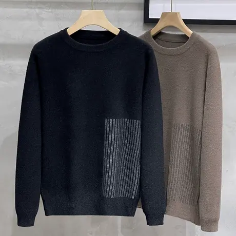 厚款圆领针织衫男士2023秋冬新款男士条纹提花内搭休闲毛衣打底衫商品大图