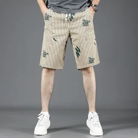 五分休闲短裤男2023夏季新款宽松直筒松紧腰时尚条纹印花男士裤子商品大图