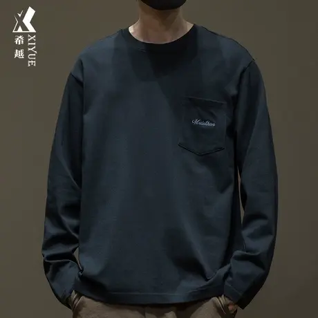 秋冬精梳棉长袖黑t恤男300g重磅口袋刺绣单衣宽松大码内搭打底衫商品大图