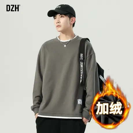 男士假两件纯色t恤男长袖冬季加绒2023年新款加厚内搭打底衫上衣商品大图