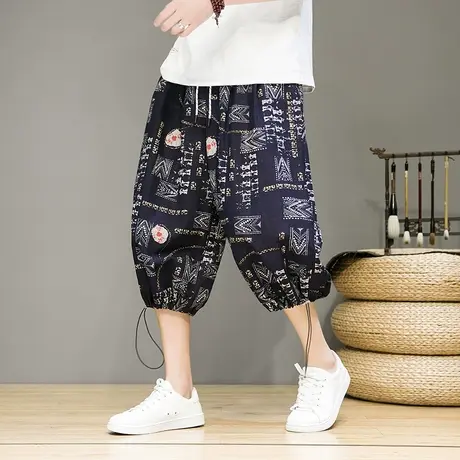 新中式男装七分裤男夏季宽松阔腿裤中国风大码灯笼裤直筒棉麻短裤商品大图