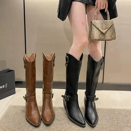 复古皮带扣粗跟西部靴不过膝长筒靴秋冬2023年新款尖头中跟骑士靴商品大图