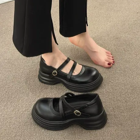 玛丽珍鞋女2023夏季新款百搭浅口温柔单鞋粗跟增高黑色法式小皮鞋商品大图