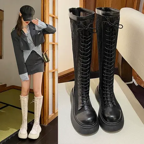 夏季靴子女圆头长筒靴不过膝防水台方跟高筒靴网面时尚镂空长靴商品大图
