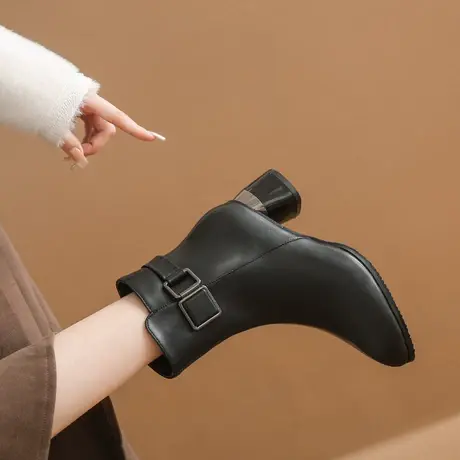 女人味高跟靴子女2023秋季新款复古尖头气质时尚配裙显瘦粗跟短靴图片