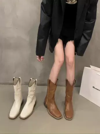 棕色马丁靴女春秋单靴2023新款切尔西瘦瘦中筒靴子粗跟洋气小短靴商品大图