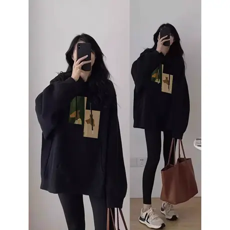 胖mm大码美式oversize卫衣女春秋连帽加绒加厚显瘦韩版上衣200斤商品大图