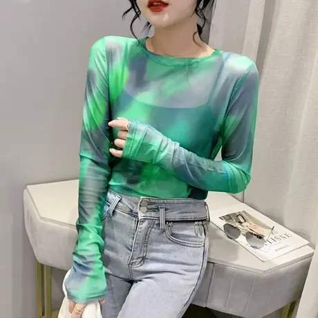外搭防晒罩衫女长袖欧货扎染印花薄款网纱上衣设计感小众t恤2024商品大图
